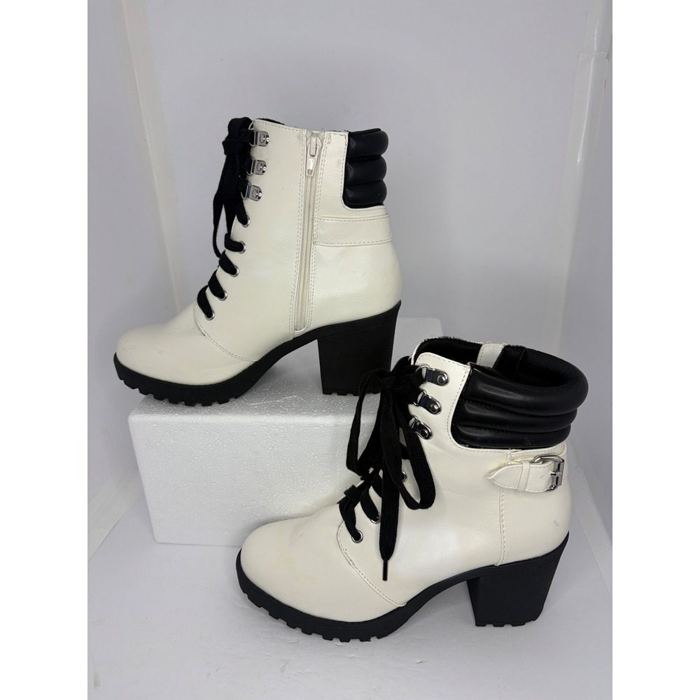 White and Black Combat Boots Lace Up Side Zip Lug Sole Block‎ Heel Ankle Boots